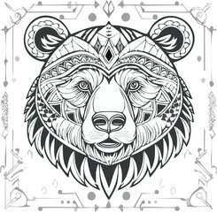Bear Head Line Art – Fierce Black and White Vector Illustration of Wild Animal