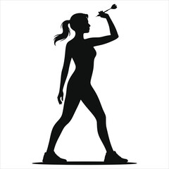  Woman Playing Darts Silhouette Vector - Black & White Female Dart Thrower Aiming Graphic