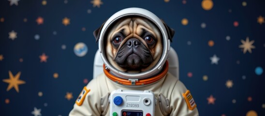 Astronaut pug against a starry background in a playful space theme.