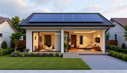 Modern home with solar panels and a cozy interior garden view.