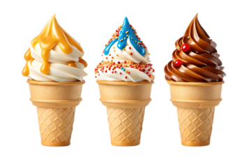 Three soft serve ice cream cones with toppings caramel chocolate