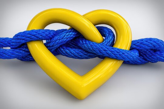 Brightly colored yellow heart shaped object intertwined with vibrant blue rope designed to symbolize strong connections and unbreakable bonds captured against a light background