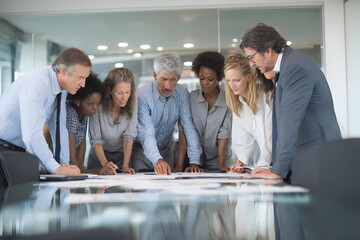 A group of diverse professionals collaborating over documents on a conference table in a bright office .