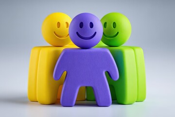 Colorful figurines representing friendship and happiness stand together in a cheerful arrangement emphasizing positivity collaboration and unity in a playful abstract setting