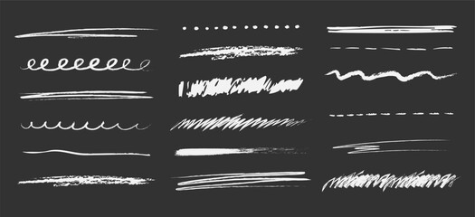 Chalk underline on blackboard line stroke, scribble hand drawn sketch texture. Doodle white crayon on black background. School marks, grunge set border free hand design elements © Alyona