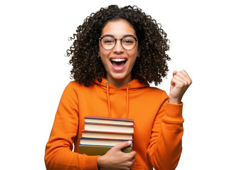 An excited young woman with glasses and curly hair celebrates her academic success with books, isolated on a transparent background