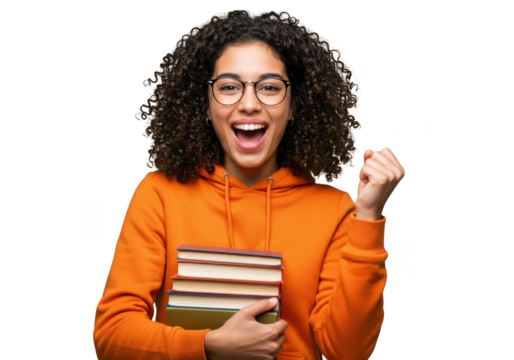 An excited young woman with glasses and curly hair celebrates her academic success with books, isolated on a transparent background