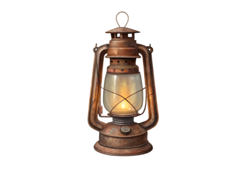 Weathered rusted kerosene lantern glowing warm light vintage copper