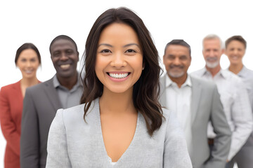 A diverse team of professionals smiling confidently against a bright white background in formal attire .
