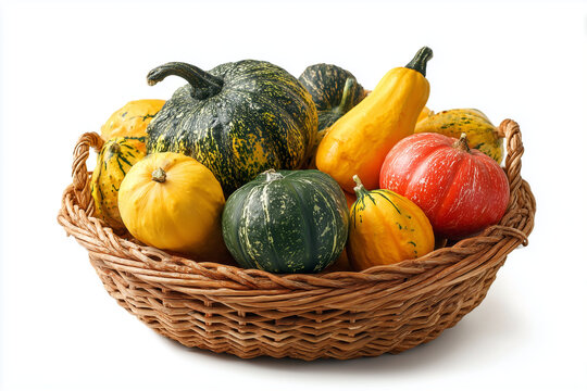 Woven basket with colorful pumpkins of diffrent shape, color and size isolated on white