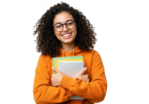 A happy young woman with glasses and curly hair holds books and a tablet, isolated on a transparent background - Powered by Adobe