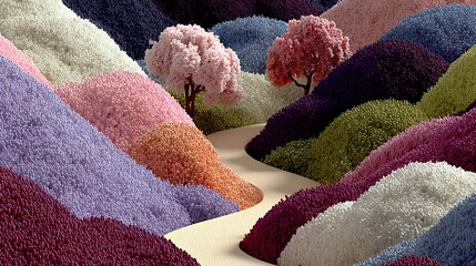 Bright 3D landscape of abstract floral hills covered in soft textures and ribbon paths in pink and lavender tones