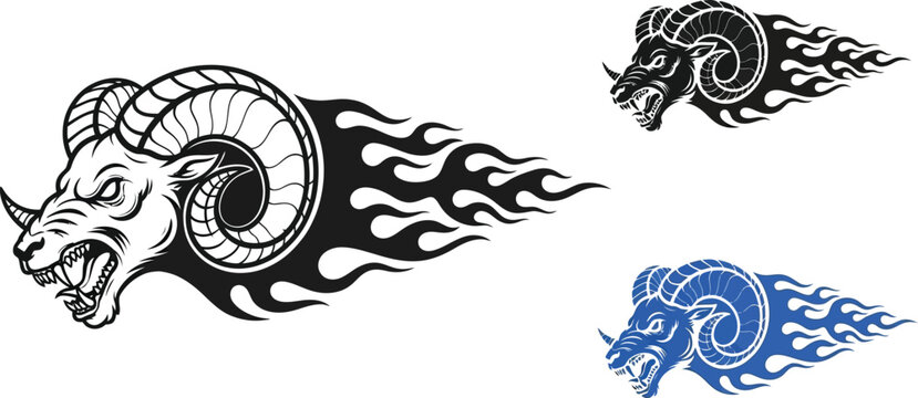Illustrated ram head with flaming stylized elements evokes a powerful and fiery design, suitable for a logo or tattoo.