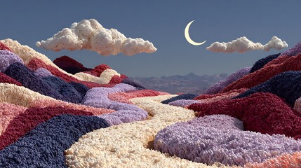 Bright 3D landscape of abstract floral hills covered in soft textures and ribbon paths in pink and lavender tones