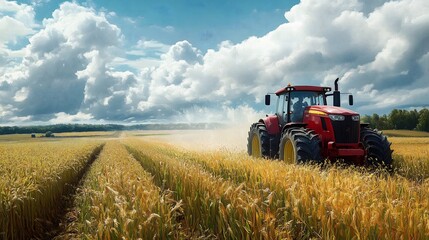 Naklejka premium Red tractor working in wheat field under cloudy sky