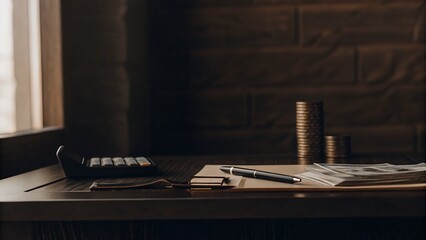 Business Desk with Money, Calculator, and Pen