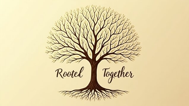 Illustration of a large tree with extensive roots words Rooted Together beneath