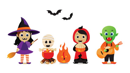 Halloween characters including a witch, mummy, vampire, and goblin with bats overhead are shown