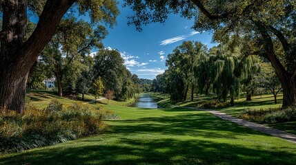 Obraz premium Serene River Pathway through Lush Green Park, Tree-Lined Canal, Sunny Day, Outdoor Tranquility, Idyllic Landscape.