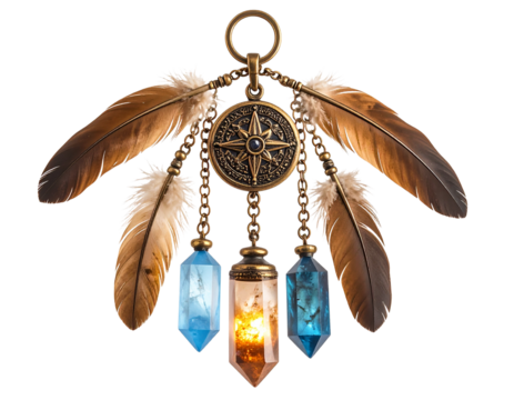 Floating enchanted keychain with mini magical relics, isolated on a transparent background