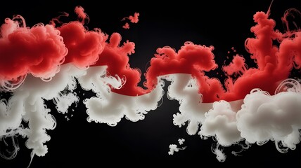 Red and white and black paint swirls with a smoky, abstract explosion of color in the sky
