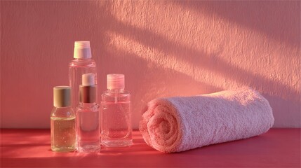 pink gradient wall with clean cosmetic bottles and rolled towel.