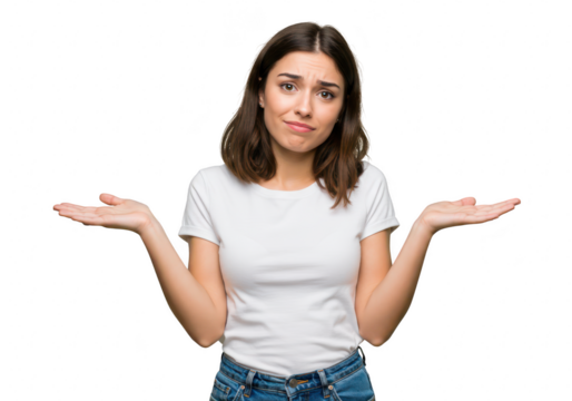 A confused young woman in a white tshirt and jeans shrugs with open palms, isolated on transparent background