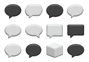 Twelve icons are displayed featuring grey and black speech bubbles and a cube all with a 3D appearance