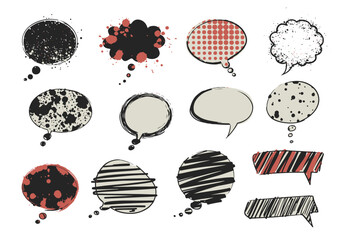 Twelve handdrawn speech bubbles in a variety of styles and colors are displayed against a white background