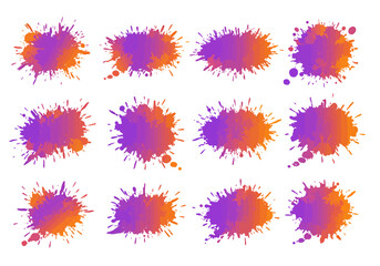 Twelve purple and orange watercolor ink splatters arranged in three rows against a white backdrop