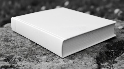 Fototapeta premium Monochromatic study of a blank hardcover book resting on a textured rock surface