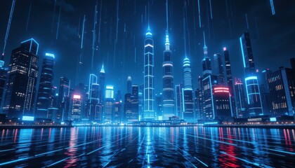 Fototapeta premium Futuristic cyberpunk city skyline at night with glowing neon lights and reflections