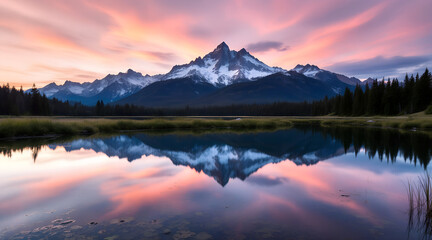 Majestic Mountain Reflection at Sunset A Serene Landscape of Tranquility and Beauty