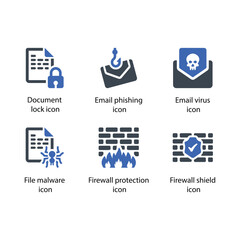 Document lock, Email phishing, Email virus, File malware, Firewall protection, shield, icon