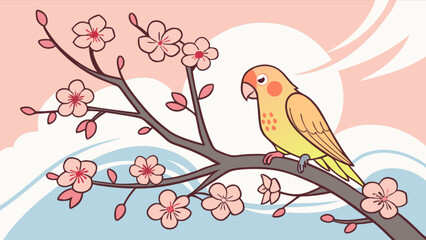 Cute lovebird perched on cherry blossom branch vector illustration spring season nature scene drawing design