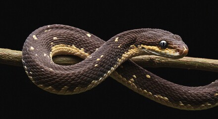 Fototapeta premium Snake coiled on a branch with striking detail against a black backdrop.