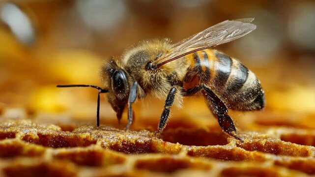 Honey bee collecting nectar from honeycomb