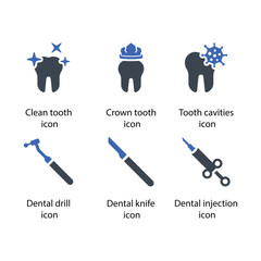 Clean tooth, Crown tooth, Tooth cavities, Dental drill, Dental knife, Dental injection, icon