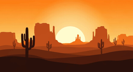 Vector Flat Illustration of Sunset Desert Landscape with Large Pale Yellow-Orange Sun, Silhouetted Rock Formations and Cacti on Layered Dark Brown-Orange Terrain in Warm Orange Sky