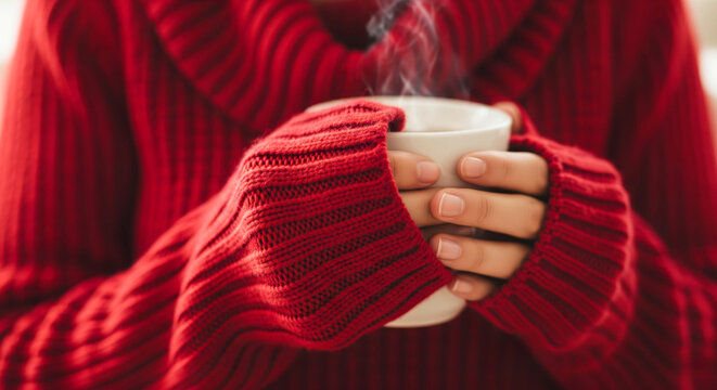 Hands in red knitted sweater holding a steaming white mug. Warmth, comfort, and cozy winter moments. - Powered by Adobe