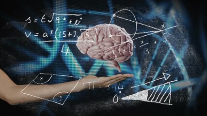 With DNA pulsing forearm sliding chalk formulas arcing brain materializing above palm for science - Powered by Adobe