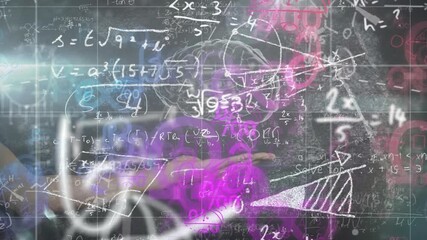 Blue glow emerging on grid, math formulas drifting and numerals swirling around chart arrowing up - Powered by Adobe