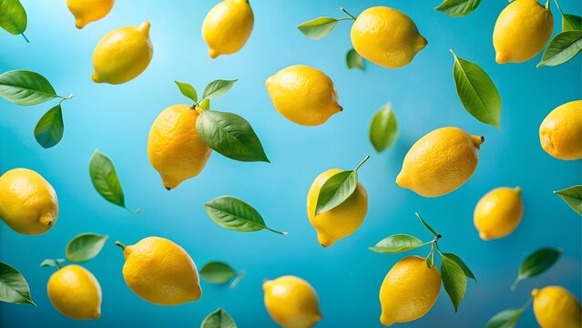 Fresh lemons and leaves float against a blue background