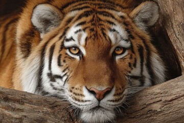 Tiger resting head on log, close up of face and amber eyes in daytime