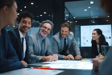 Group of business people smiling and looking at charts during a meeting in a modern office space .