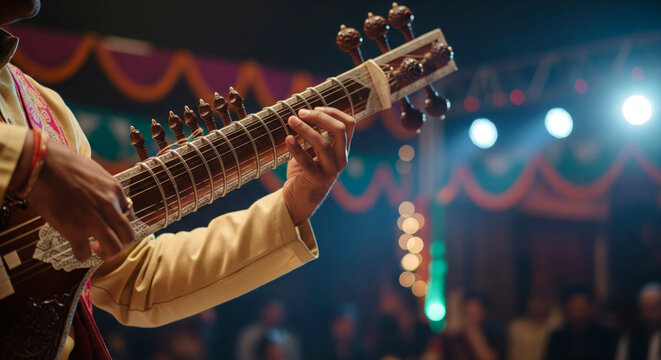 Hands playing a traditional Indian sitar on stage. Cultural heritage and festive musical performance of India.