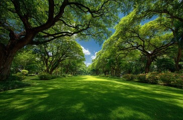 Serene Lush Green Park Landscape: Majestic Trees, Vibrant Flowers, Sunlit Grassy Path, Tranquil Outdoor Scene.