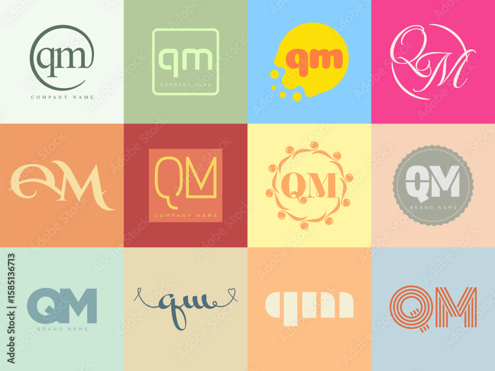 Fototapete QM logo company template. Letter q and m logotype. Set different classic serif lettering and modern bold text with design elements. Initial font typography.