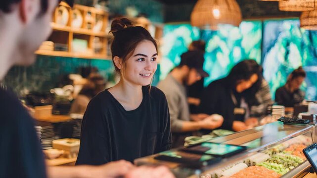 Friendly encounter at a bustling sushi bar in the city