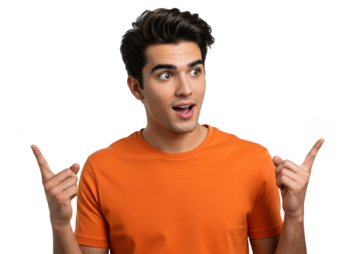A young man with dark hair and an open mouth, looking surprised and pointing outwards with both index fingers, isolated on a transparent background